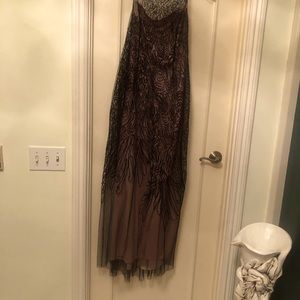 BCBG black evening gown with lace detail.